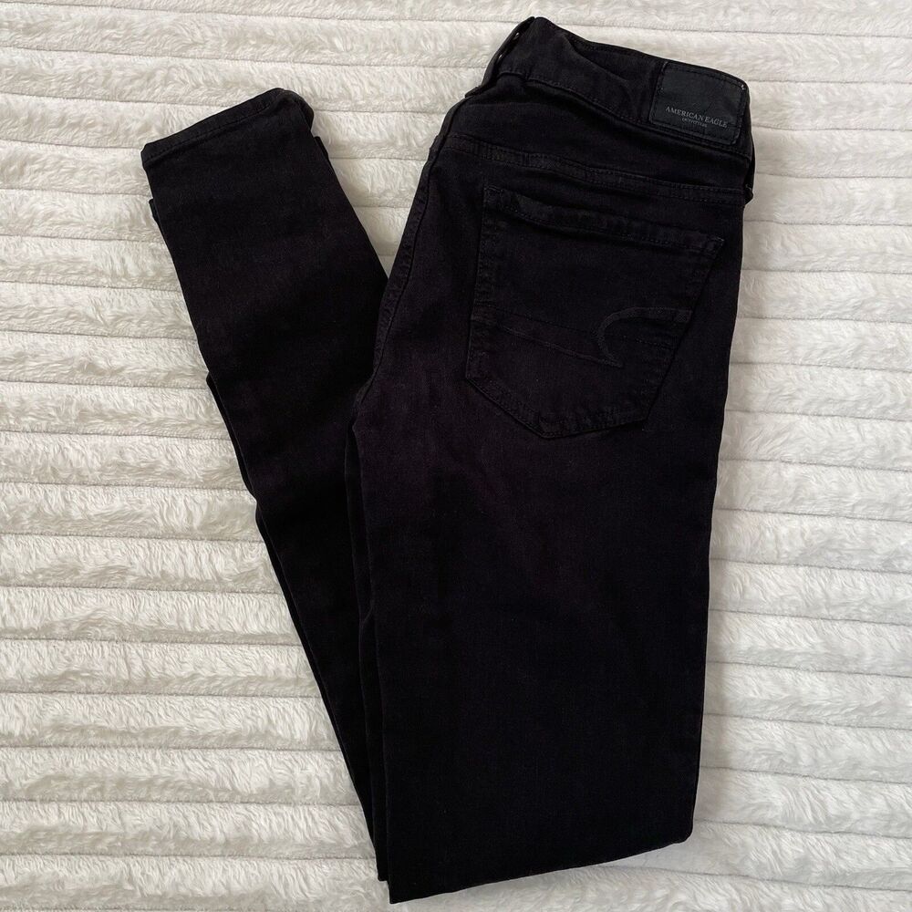 American Eagle Super Stretch Jeggings Black Denim Jeans 00 Distressed Skinny